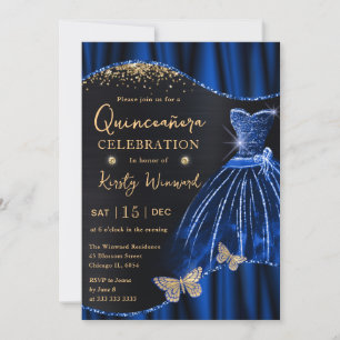 Convites Vestido Quinceanera Aquarela Azul e Dourado com La