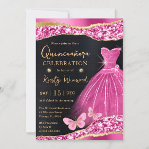 Convites Vestido Quinceanera Aquarela Rosa e Glitter Dourad