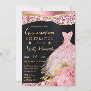 Convites Vestido Quinceanera Aquarela Rosa e Glitter Dourad