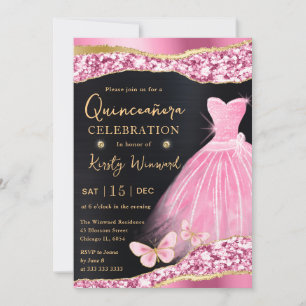Convites Vestido Quinceanera Aquarela Rosa e Glitter Dourad