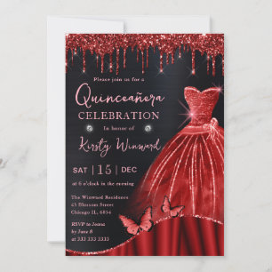 Convites Vestido Quinceanera Aquarela Vermelho Brilho