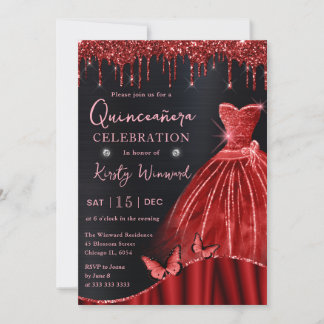 Convites Vestido Quinceanera Aquarela Vermelho Brilho