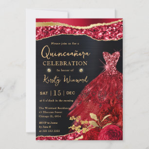 Convites Vestido Quinceanera Aquarela Vermelho e Dourado co