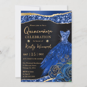 Convites Vestido Quinceanera Azul Aquarela com Glitter Dour