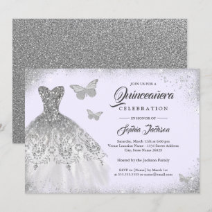 Convites Vestido Quinceanera Borboleta com Brilho Prata Rox