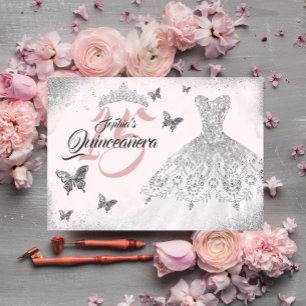 Convites Vestido Quinceanera Borboleta Prata Rosa Brilho