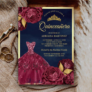 Convites Vestido Quinceanera Brilho Burgundy Floral Navy Go