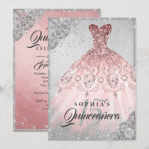 Convites Vestido Quinceanera com Brilho de Diamante Prata D