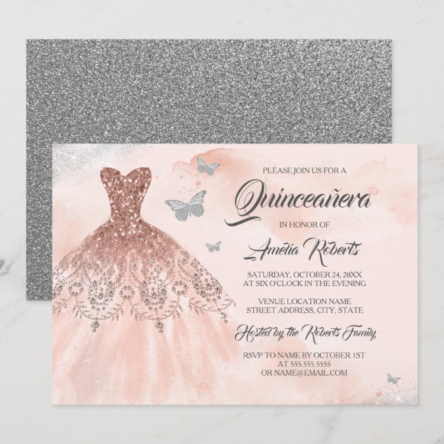Convites Vestido Quinceanera com Brilho de Dourado Rosa em  (Frente/Verso)