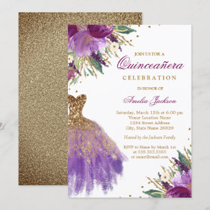 Convites Vestido Quinceanera com Brilho Dourado e Âmexis Ro