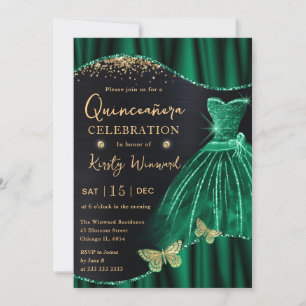 Convites Vestido Quinceanera com Brilho Dourado Verde Aquar