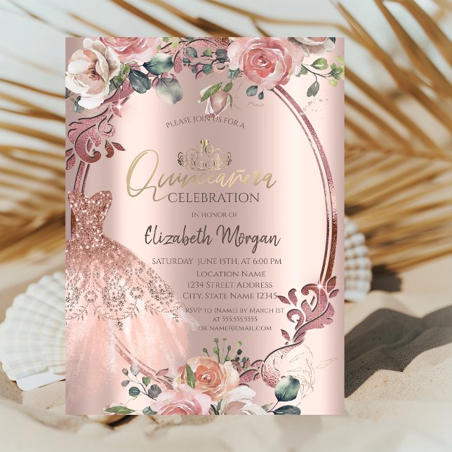 Convites Vestido Quinceañera com Flores de Rosto de Redemoi (Criador carregado)