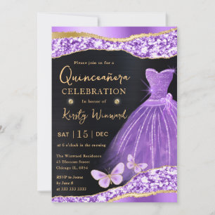 Convites Vestido Quinceanera com Glitter Dourado Lilás Aqua