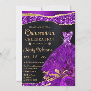 Convites Vestido Quinceanera com Glitter Dourado Roxo Aquar