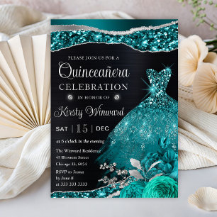 Convites Vestido Quinceanera com Glitter Prata em Aquarela 