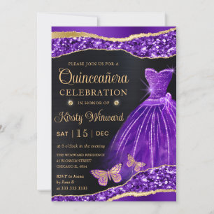 Convites Vestido Quinceanera com Glitter Roxo Dourado Aquar