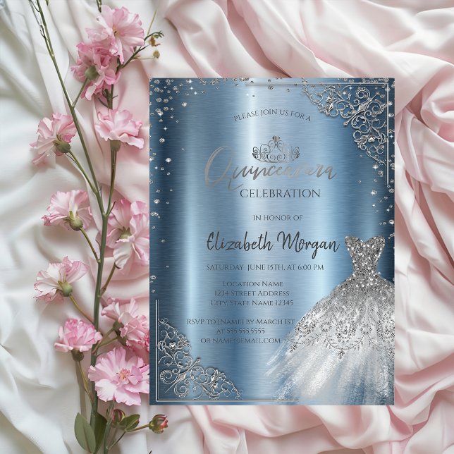 Convites Vestido Quinceañera com Moldura de Diamantes Prate (Criador carregado)