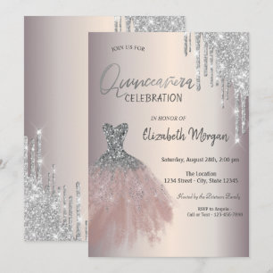 Convites Vestido Quinceañera com Pingentes de Brilho Prata