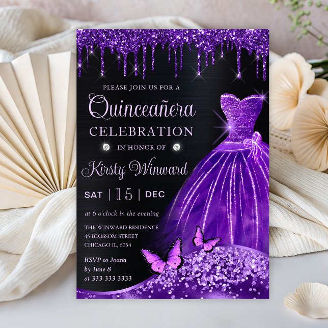 Convites Vestido Quinceanera com Purpurina Aquarela Roxa (Criador carregado)