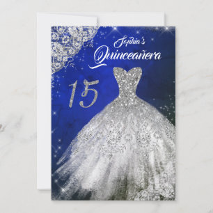 Convites Vestido Quinceanera com Renda Azul Prata e Brilho