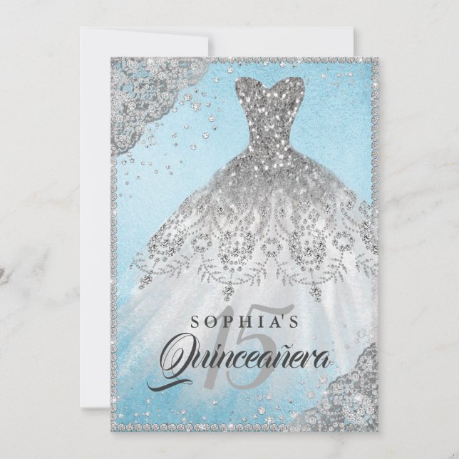 Convites Vestido Quinceanera com Renda de Diamante Prata Az (Frente)