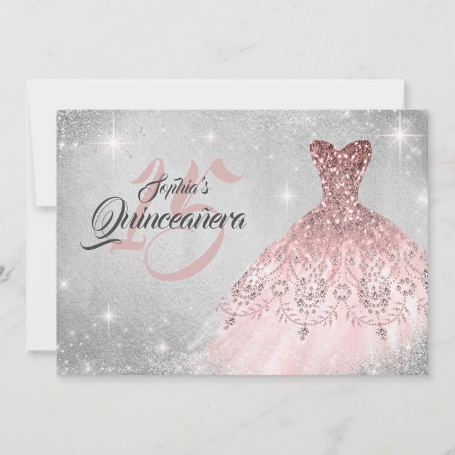 Convites Vestido Quinceanera com Renda Prateada e Diamantes (Frente)