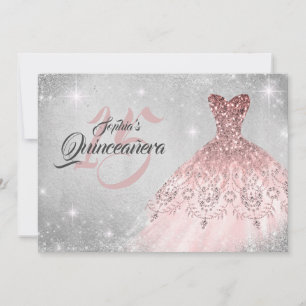 Convites Vestido Quinceanera com Renda Prateada e Diamantes