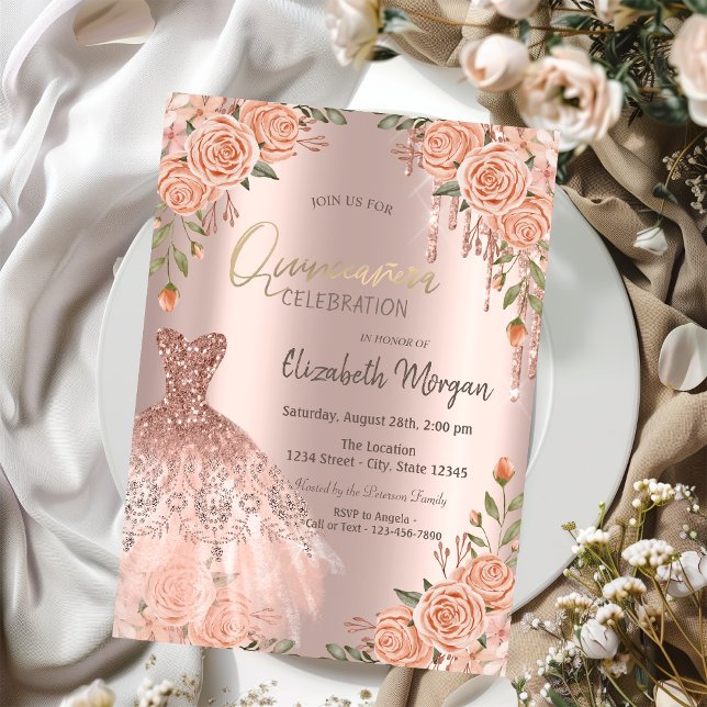 Convites Vestido Quinceañera com Rosas Glitter Chic (Criador carregado)