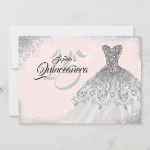 Convites Vestido Quinceanera de Renda Prata Rosa Blush Diam