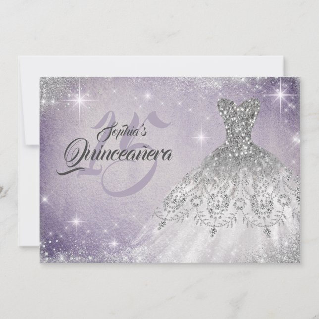 Convites Vestido Quinceanera de Renda Roxa Macia Prata com  (Frente)
