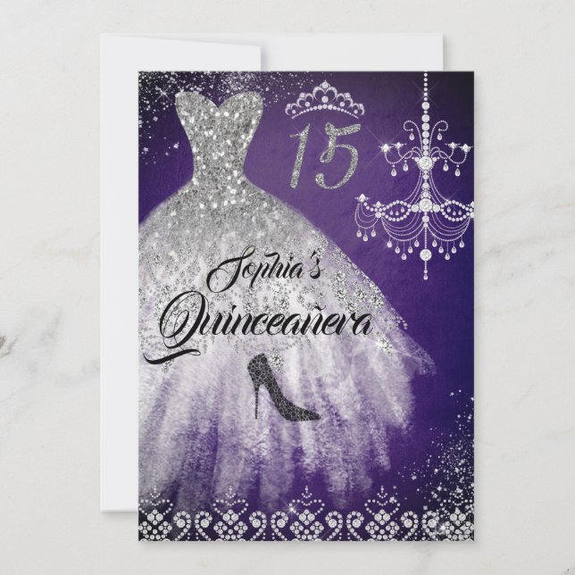 Convites Vestido Quinceanera Diamante Brilho Prata Roxo (Frente)