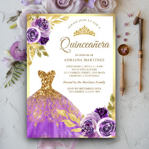 Convites Vestido Quinceanera Dourado com Brilho Floral Roxo