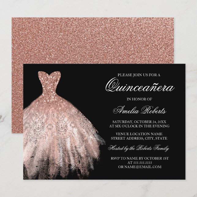 Convites Vestido Quinceanera Dourado Rosa Brilho Preto (Frente/Verso)