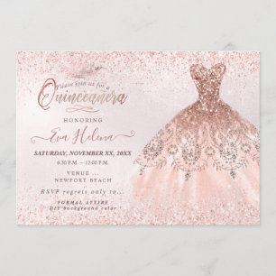 Convites Vestido Quinceañera, Glitters Dourado Rosa