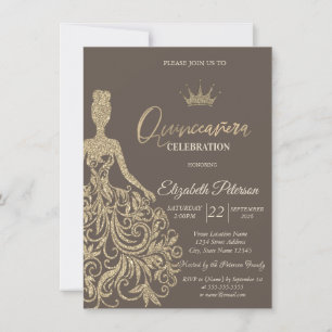 Convites Vestido Quinceañera Lantejoulas Dourado Marrom