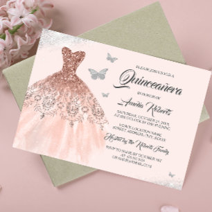 Convites Vestido Quinceanera Rosa Dourado Prateado Brilho