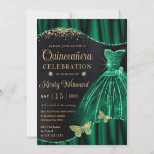 Convites Vestido Quinceanera Verde Glitter Dourado Aquarela