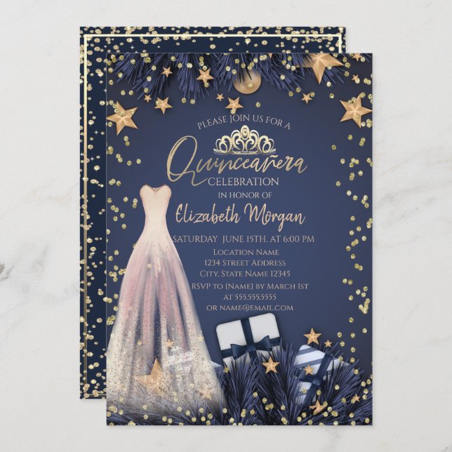 Convites Vestido,Ramificações,Marinho de Ouros - Quinceañer (Frente/Verso)