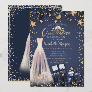 Convites Vestido, Ramos, Diamantes Azul Marinho Quinceañera