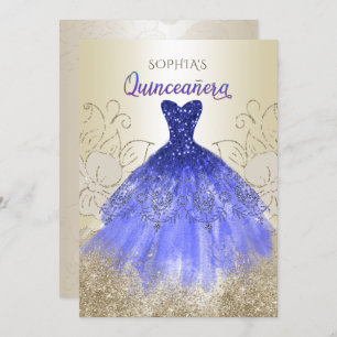 Convites Vestido Real Azul Dourado Quinceañera