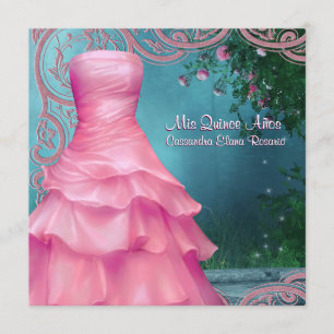 Convites Vestido Rosa Azul Teal Rosas Rosa Quinceanera