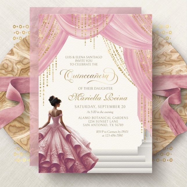 Convites Vestido Rosa Bege Elegante Quinceanera (Criador carregado)