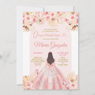Convites Vestido Rosa Boho Floral Princesa Quinceañera