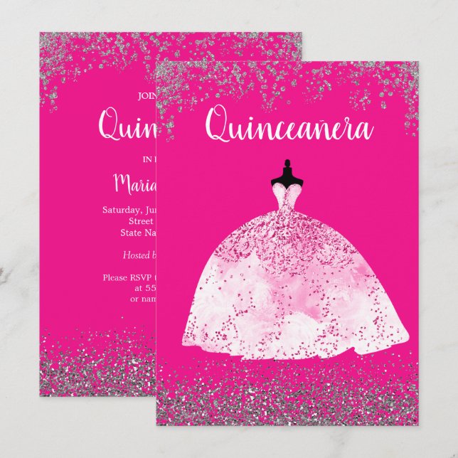 Convites Vestido Rosa bonito Quinceañera 15 de aniversário  (Frente/Verso)