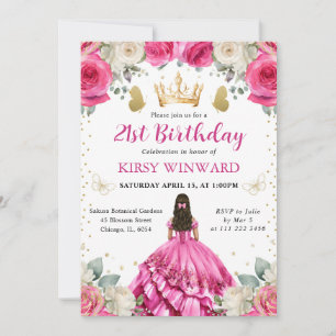 Convites Vestido Rosa Cabelo Castanho Princesa Aniversário