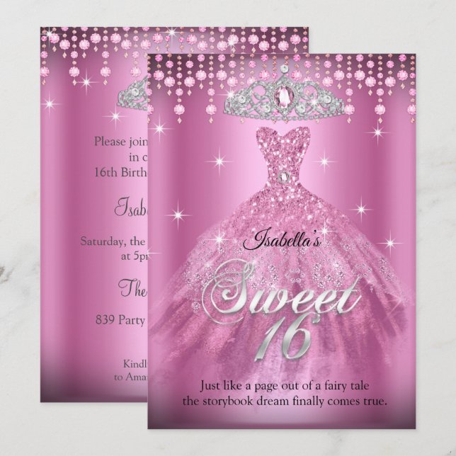 Convites Vestido Rosa de Aniversário de 16 Anos da Princesa (Frente/Verso)