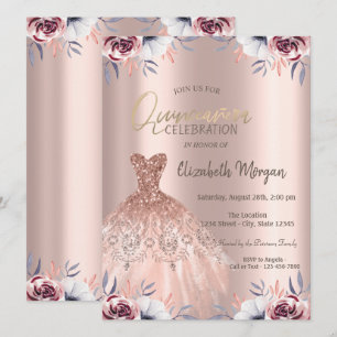 Convites Vestido Rosa Dourado Chic Floral Quinceañera