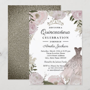 Convites Vestido Rosa Dourado com Brilho Floral Quinceanera