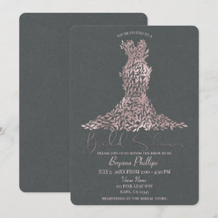 Convites Vestido Rosa Dourado e Cinza Folhas Chá de Noiva