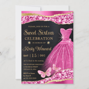 Convites Vestido Rosa e Glitter Dourado Aquarela Sweet Sixt